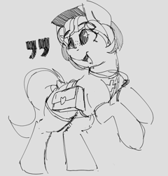 Size: 865x901 | Tagged: safe, artist:hazaplan, oc, oc only, oc:quote unquote, pony, bag, clothes, female, happy, hat, lifeguard, mare, monochrome, open mouth, rearing, saddle bag, sketch