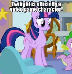 Size: 540x552 | Tagged: safe, edit, edited screencap, editor:undeadponysoldier, imported from ponybooru, screencap, spike, twilight sparkle, alicorn, dragon, pony, a horse shoe-in, awkward, cute, edited gif, female, idle animation, looking around, male, mare, meme, raised hoof, raised leg, solo, solo focus, text, twiabetes, twilight sparkle (alicorn), video game