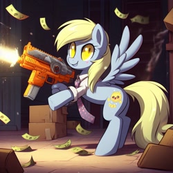 Size: 1024x1024 | Tagged: safe, imported from derpibooru, derpy hooves, pegasus, pony, ai content, ai generated, butt, clothes, female, generator:dall-e 3, gun, looking at you, mare, money, necktie, night, plot, shirt, shooting, shrunken pupils, solo, underp, weapon, wrong cutie mark