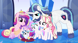 Size: 6489x3577 | Tagged: safe, artist:lovinglypromise, imported from derpibooru, princess cadance, shining armor, oc, oc:charming wish, oc:crystal rose, oc:lovely promise, alicorn, pony, unicorn, absurd resolution, baby, baby pony, beard, facial hair, female, filly, foal, lying down, older, prone