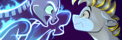 Size: 3000x1000 | Tagged: safe, artist:rutkotka, imported from derpibooru, oc, oc:circuit breaker, earth pony, ghost, ghost pony, undead, ear fluff, earth pony oc, eye contact, floppy ears, frown, glare, glowing, imminent boop, looking at each other, looking at someone, male oc, purple background, scared, simple background, skull, spooky, wide eyes