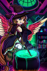 Size: 2032x3079 | Tagged: safe, artist:pridark, imported from derpibooru, oc, oc only, pegasus, pony, cauldron, clothes, dress, female, flying, grin, hat, hoof fluff, hoof hold, lidded eyes, mare, pegasus oc, smiling, smirk, socks, solo, spread wings, stick, stirring, wings