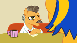 Size: 1280x720 | Tagged: safe, artist:mlpfan3991, imported from derpibooru, buried lede, oc, oc:flare spark, earth pony, pegasus, pony, clothes, coffee mug, duo, female, interview, male, mug, paper, sitting, stallion