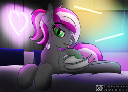 Size: 2998x2160 | Tagged: safe, artist:etheria galaxia, imported from derpibooru, oc, oc only, oc:bitwise operator, bat pony, cyborg, pony, :p, bat pony oc, bat wings, bed, bedroom eyes, ear fluff, ear tufts, fangs, female, looking at you, mare, neon, tongue out, watermark, wings