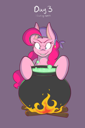 Size: 1365x2048 | Tagged: safe, artist:mscolorsplash, imported from derpibooru, pinkie pie, earth pony, pony, bandana, cauldron, female, fire, grin, gypsy pie, looking at something, mare, ponytober, smiling, solo