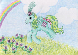 Size: 1061x753 | Tagged: safe, artist:normaleeinsane, imported from derpibooru, princess pristina, bow, flower, g1, rainbow, tail, tail bow, traditional art
