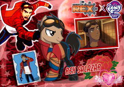 Size: 1000x703 | Tagged: safe, artist:tanahgrogot, imported from derpibooru, earth pony, human, pony, base used, blood moon, clothes, crossover, flower, generator rex, logo, male, moon, open mouth, plant, ponified, red background, rex salazar, simple background, smiling, stallion, text, wallpaper, watermark