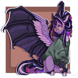 Size: 4096x4096 | Tagged: safe, artist:colourdropart, imported from derpibooru, oc, oc only, oc:yuyusunshine, alicorn, bat pony, bat pony alicorn, pony, alicorn oc, bat wings, claws, clothes, cloven hooves, colored hooves, colored horn, curved horn, ear fluff, glasses, grid, horn, hybrid wings, looking at you, not twilight sparkle, orange background, ponysona, simple background, sitting, solo, sweater, wing claws, wings