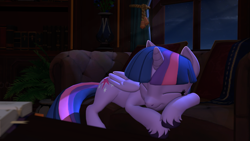 Size: 3840x2160 | Tagged: safe, artist:owlpirate, imported from derpibooru, twilight sparkle, alicorn, pony, 3d, 4k, book, bookshelf, couch, cute, female, high res, lying down, mare, prone, sleeping, solo, source filmmaker, twiabetes, twilight sparkle (alicorn), unshorn fetlocks, vase, window