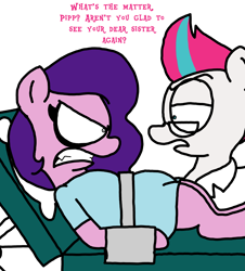 Size: 3023x3351 | Tagged: safe, artist:professorventurer, imported from derpibooru, pipp petals, zipp storm, pony, series:ask pippamena, angry, bed, clothes, cuffed, dialogue, duo, female, g5, gritted teeth, high res, hospital bed, hospital gown, lidded eyes, looking at each other, looking at someone, lying down, on back, open mouth, pippamena, primrose petals, reading glasses, teeth