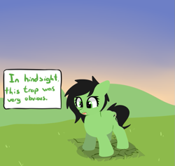 Size: 795x749 | Tagged: safe, artist:neuro, imported from derpibooru, oc, oc only, oc:filly anon, earth pony, pony, dialogue, female, filly, foal, looking down, pitfall, solo, speech bubble, trap (device)