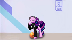 Size: 926x521 | Tagged: artist needed, source needed, safe, edit, imported from derpibooru, starlight glimmer, pony, unicorn, alternate hairstyle, basketball, clothes, cosplay, costume, female, g4, gray, looking at you, one eye closed, sports, standing, wink, winking at you