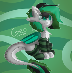 Size: 2022x2055 | Tagged: safe, artist:geo, imported from derpibooru, oc, oc:geo, draconequus, hybrid, bat wings, chest fluff, clothes, four ears, long tail, male, paws, sitting, socks, solo, striped socks, tail, wings