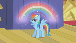 Size: 1280x720 | Tagged: safe, imported from derpibooru, screencap, rainbow dash, rainbow, spread wings, wingboner, wings