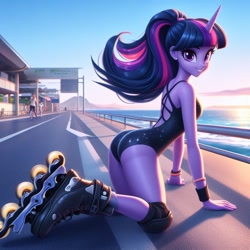Size: 1024x1024 | Tagged: safe, imported from derpibooru, twilight sparkle, human, equestria girls, ai content, ai generated, ass, butt, clothes, ear piercing, eyebrows, female, female focus, grin, horn, horned humanization, humanized, leotard, looking at you, piercing, roller skates, skates, smiling, smiling at you, solo focus