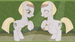 Size: 2715x1540 | Tagged: safe, artist:badumsquish, derpibooru exclusive, imported from derpibooru, oc, oc only, earth pony, living hieroglyph, monster pony, original species, pony, ambiguous gender, bedroom eyes, blush sticker, blushing, bricks, cute, duo, ear piercing, earring, egyptian, egyptian pony, embarrassed, eye of horus, eyes closed, eyeshadow, female, grin, headband, hieroglyphics, hoof on belly, jewelry, looking at you, makeup, mare, painting, piercing, pregnant, pyramid, sand, show accurate, smiling, tail, tail wrap, trap (device), wall