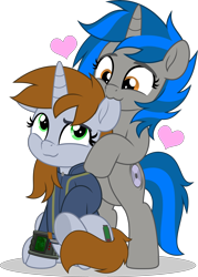 Size: 3581x5000 | Tagged: safe, artist:jhayarr23, imported from derpibooru, oc, oc only, oc:homage, oc:littlepip, pony, unicorn, fallout equestria, bipedal, biting, clothes, commission, commissioner:solar aura, cute, ear bite, female, horn, jumpsuit, lesbian, oc x oc, pipbuck, pipmage, shipping, simple background, transparent background, unicorn oc, vault suit, ych result, your character here