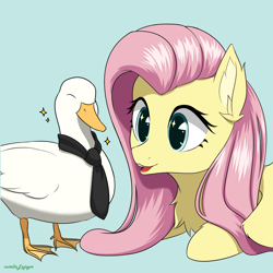 Size: 3000x3000 | Tagged: safe, artist:nutellaenjoyer, imported from derpibooru, fluttershy, bird, duck, pegasus, pony, blue background, chest fluff, ear fluff, female, happy, mare, necktie, open mouth, simple background