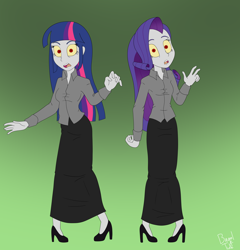 Size: 4488x4676 | Tagged: safe, artist:bageloftime, imported from derpibooru, rarity, twilight sparkle, human, undead, zombie, equestria girls, clothes, duo, gradient background, high heels, long skirt, shoes, signature, skirt