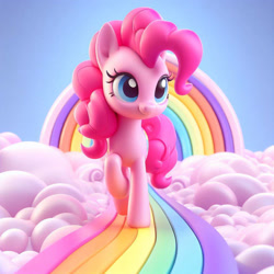 Size: 828x828 | Tagged: safe, artist:pinkiepiepics, imported from derpibooru, pinkie pie, earth pony, pony, ai content, ai generated, blue background, cloud, cute, diapinkes, female, mare, rainbow, rainbow trail, simple background, solo, walking