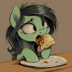 Size: 768x768 | Tagged: safe, imported from derpibooru, oc, oc only, oc:filly anon, earth pony, pony, ai content, ai generated, burrito, derp, eating, female, filly, food, solo