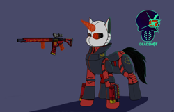 Size: 3556x2284 | Tagged: safe, artist:kirieshka, imported from derpibooru, oc, oc only, oc:deadshot, pony, unicorn, armor, clothes, dc comics, deadshot, gun, horn, shotgun, superhero, unicorn oc, uniform, weapon