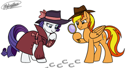 Size: 2445x1334 | Tagged: safe, artist:melspyrose, imported from derpibooru, rarity, oc, oc:firey ratchet, pegasus, unicorn, clothes, detective, detective rarity, fedora, female, hat, hoofprints, magnifying glass, male, mare, simple background, stallion, trenchcoat, white background