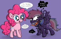 Size: 3439x2167 | Tagged: safe, artist:background basset, imported from derpibooru, pinkie pie, rainbow dash, pegasus, pony, breaking the fourth wall, dialogue, dialogue box, sharp teeth, simple background, symbiote, teeth, text, tongue out, venom