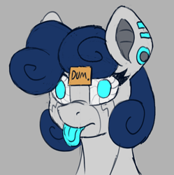 Size: 1684x1694 | Tagged: safe, artist:reddthebat, imported from derpibooru, oc, oc only, oc:syn (reddthebat), pony, robot, robot pony, blank stare, bust, female, gray background, mare, no pupils, post-it, simple background, solo, tongue out, vacant stare