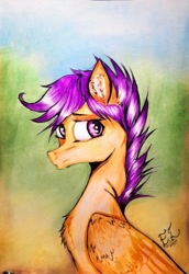 Size: 571x828 | Tagged: safe, artist:hysteriana, imported from derpibooru, scootaloo, pegasus, colored, ear fluff, female, filly, foal, folded wings, full color, mlp fim's thirteenth anniversary, old art, purple eyes, purple mane, sad, wings