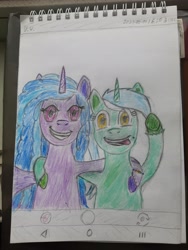 Size: 3024x4032 | Tagged: safe, artist:pink amena, imported from derpibooru, izzy moonbow, lyra heartstrings, pony, unicorn, colored pencil drawing, duo, eye clipping through hair, g4, g5, generation leap, mlp fim's thirteenth anniversary, selfie, smiling, tongue out, traditional art