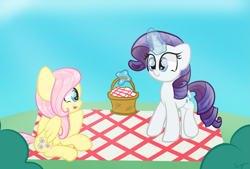 Size: 1257x850 | Tagged: safe, artist:sugarcloud12, imported from derpibooru, fluttershy, rarity, pony, basket, magic, picnic basket, picnic blanket