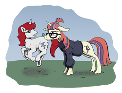 Size: 1280x979 | Tagged: safe, artist:darkhestur, imported from derpibooru, moondancer, moondancer (g1), pony, unicorn, clothes, g1, glasses, ink, mixed media, mlp fim's thirteenth anniversary, prancing, simple background, sweater