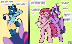 Size: 4800x2975 | Tagged: safe, artist:boundbrush, imported from derpibooru, pinkie pie, twilight sparkle, alicorn, anthro, dog, anthro with ponies, bubble berry, clothes, dialogue, female, furry, hypnosis, male, plushie, rule 63, suit, twilight sparkle (alicorn)