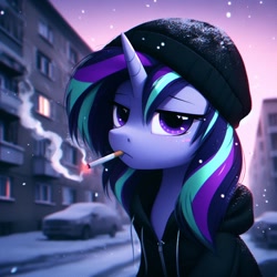 Size: 1024x1024 | Tagged: safe, derpibooru exclusive, imported from derpibooru, starlight glimmer, pony, unicorn, ai content, ai generated, beanie, cigarette, clothes, doomer, female, generator:dall-e 3, hat, hoodie, looking at you, mare, meme, ponified meme, prompter:siber, russia, smoke, smoking, snow, snowfall, solo, tired