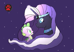 Size: 2122x1500 | Tagged: safe, artist:darkprinceismyname, idw, imported from derpibooru, nightmare rarity, spike, dragon, pony, unicorn, 2015, female, looking at each other, looking at someone, male, mare, night, nightmare sparity, old art, shipping, starry night, straight