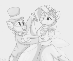 Size: 2338x1968 | Tagged: safe, artist:frostedsketch13, imported from derpibooru, rarity, spike, dragon, pony, unicorn, a canterlot wedding, bridesmaid dress, bridesmaid rarity, clothes, dancing, dress, female, hat, holding hooves, looking at each other, looking at someone, male, mare, one eye closed, ring bearer, royal wedding, ship:sparity, shipping, smiling, spike's first bow tie, straight, suit, top hat, wink