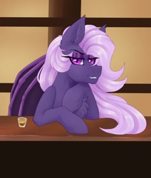 Size: 1042x1230 | Tagged: artist needed, safe, imported from derpibooru, oc, oc:lilac night, bat pony, bar, bedroom eyes, cute, drink, female, looking at you, mare, smiling