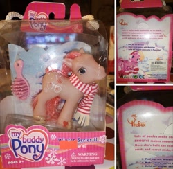 Size: 1125x1098 | Tagged: safe, imported from derpibooru, snow'el, earth pony, pony, ages 3+, barcode, bootleg, brush, clothes, female, g3, mare, my buddy pony, photo, scarf, solo, striped scarf, toy