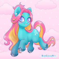 Size: 2048x2048 | Tagged: safe, artist:bluecocoaart, imported from derpibooru, earth pony, pony, blushing, cloud, ear piercing, earring, female, g2, jewelry, looking at you, maman bonheur, mare, open mouth, open smile, piercing, smiling, solo, stars, tail, unshorn fetlocks