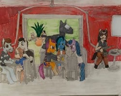 Size: 1844x1457 | Tagged: safe, artist:martialarts2003, imported from derpibooru, izzy moonbow, sunny starscout, oc, cyborg, cyborg pony, earth pony, griffon, pony, unicorn, the sunjackers, alcohol, bubble, bubbles (trailer park boys), chair, cyberpunk, drink, g5, griffon oc, gun, jim lahey, johnny silverhand, julian, julian (trailer park boys), misty brightdawn, randy, ricky, ricky (trailer park boys), smoking, table, traditional art, trailer park boys, weapon