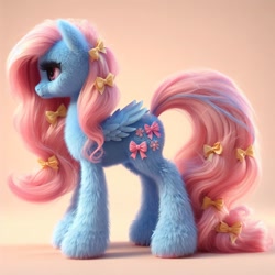 Size: 1024x1024 | Tagged: safe, imported from ponybooru, pegasus, pony, ai content, ai generated, bing, bow, bow tie (g1), female, fluffy, g1, generation leap, hair bow, mare, race swap, solo, tail bow