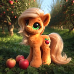 Size: 1024x1024 | Tagged: safe, imported from ponybooru, applejack, earth pony, pony, ai content, ai generated, alternate cutie mark, apple, apple tree, bing, female, filly, filly applejack, fluffy, foal, food, semi-realistic, sweet apple acres, tree, younger