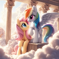 Size: 1024x1024 | Tagged: safe, imported from ponybooru, fluttershy, rainbow dash, pegasus, pony, ai content, ai generated, alternate cutie mark, anatomically incorrect, bing, cloudsdale, female, incorrect leg anatomy, looking at each other, mare