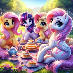 Size: 1024x1024 | Tagged: safe, imported from ponybooru, fluttershy, twilight sparkle, oc, pegasus, pony, ai content, ai generated, alternate cutie mark, bing, cake, female, flower, food, looking at you, mare, smiling, smiling at you, tea party, teapot