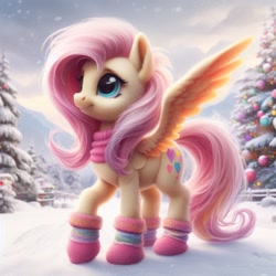 Size: 1024x1024 | Tagged: safe, imported from ponybooru, fluttershy, pegasus, pony, ai content, ai generated, alternate cutie mark, bing, boots, clothes, female, fluffy, mare, scarf, shoes, snow, solo, spread wings, wings