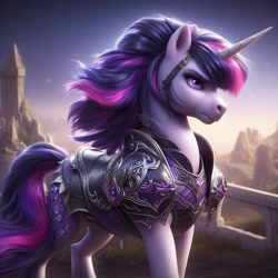 Size: 1024x1024 | Tagged: safe, imported from ponybooru, twilight sparkle, pony, unicorn, ai content, ai generated, alternate cutie mark, armor, battlemage, bing, female, mare, serious, solo, tower, unicorn twilight