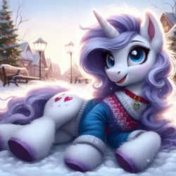 Size: 1024x1024 | Tagged: safe, imported from ponybooru, oc, oc only, pony, unicorn, ai content, ai generated, bench, bing, clothes, female, heart, horn, lying on the ground, mare, smiling, snow, solo, sweater, tree, unicorn oc, unshorn fetlocks, winter, winter outfit