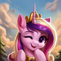 Size: 768x768 | Tagged: safe, imported from derpibooru, princess cadance, alicorn, pony, ai content, ai generated, cloud, ear fluff, jewelry, looking at you, one eye closed, regalia, sky, solo, tree, wink, winking at you