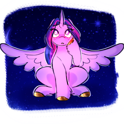 Size: 2000x2000 | Tagged: safe, artist:starsbursts, imported from derpibooru, twilight sparkle, alicorn, pony, alternate hairstyle, blushing, cute, female, mare, open mouth, raised hoof, sitting, solo, spread wings, twiabetes, twilight sparkle (alicorn), unshorn fetlocks, wings